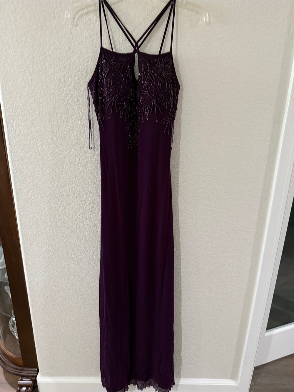 Beaded Strappy Maxi Dress in Deep Plum